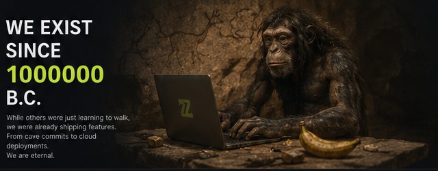 AI-generated prehistoric vibecoder using an early laptop