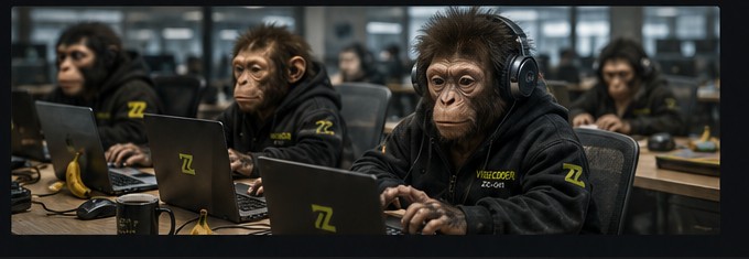 AI-generated open-plan office staffed by monkey-human vibecoders